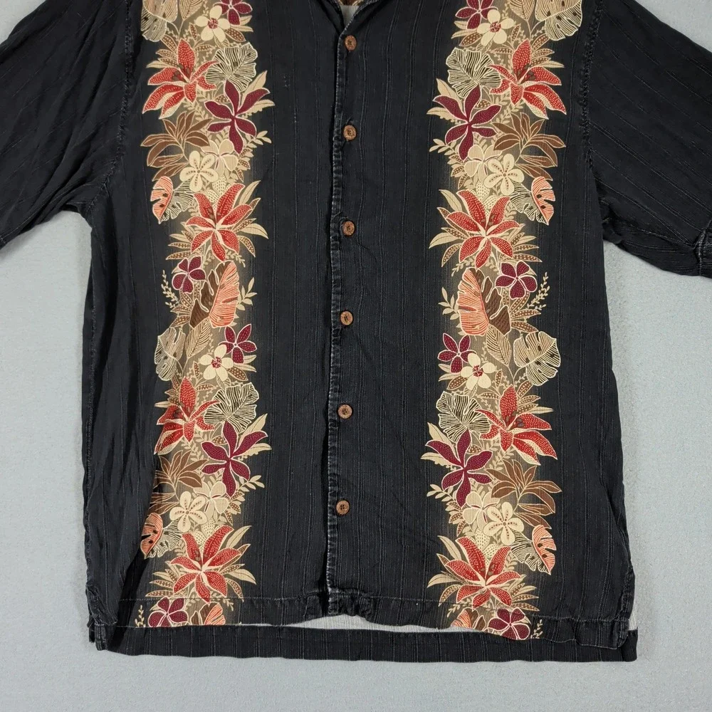 Tommy Bahama Shirt Mens L Black Hualalai Floral Hibiscus‎ Silk Blend Aloha Camp